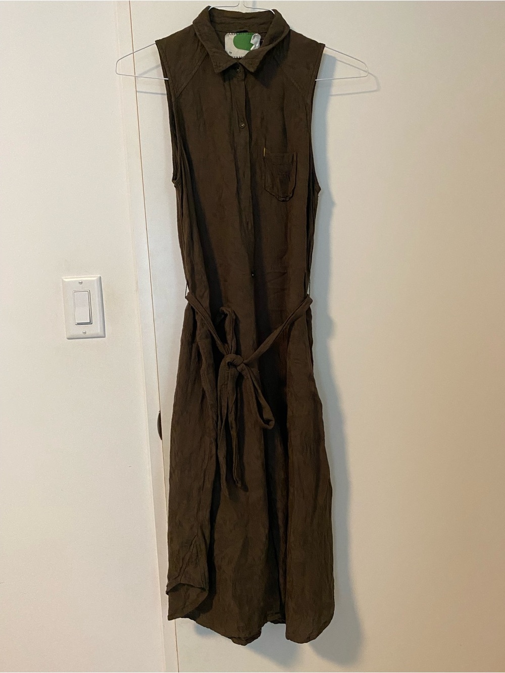 Anthropologie Olive Green Textured Dress Button Up with Tie Belt